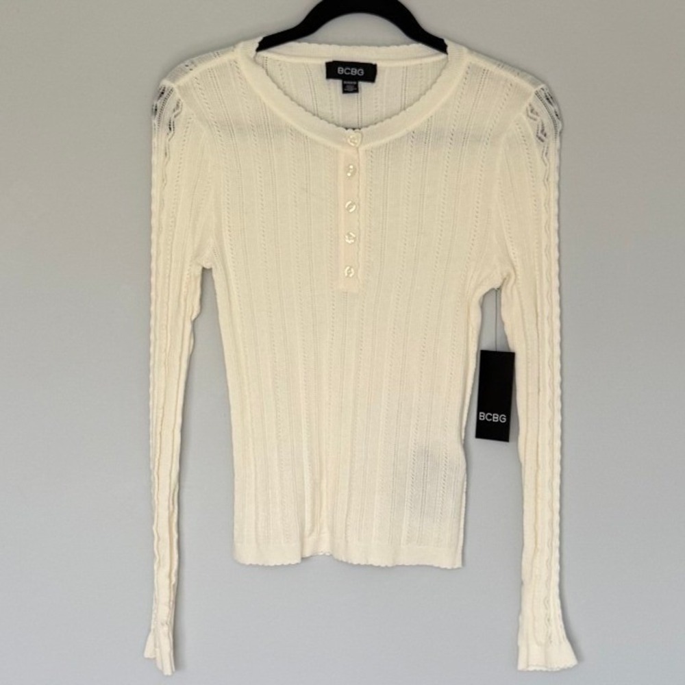 BCBG Women Ivory Pointelle Cable Knit Henley Long Sleeve Top B5GS5721 XS NWT